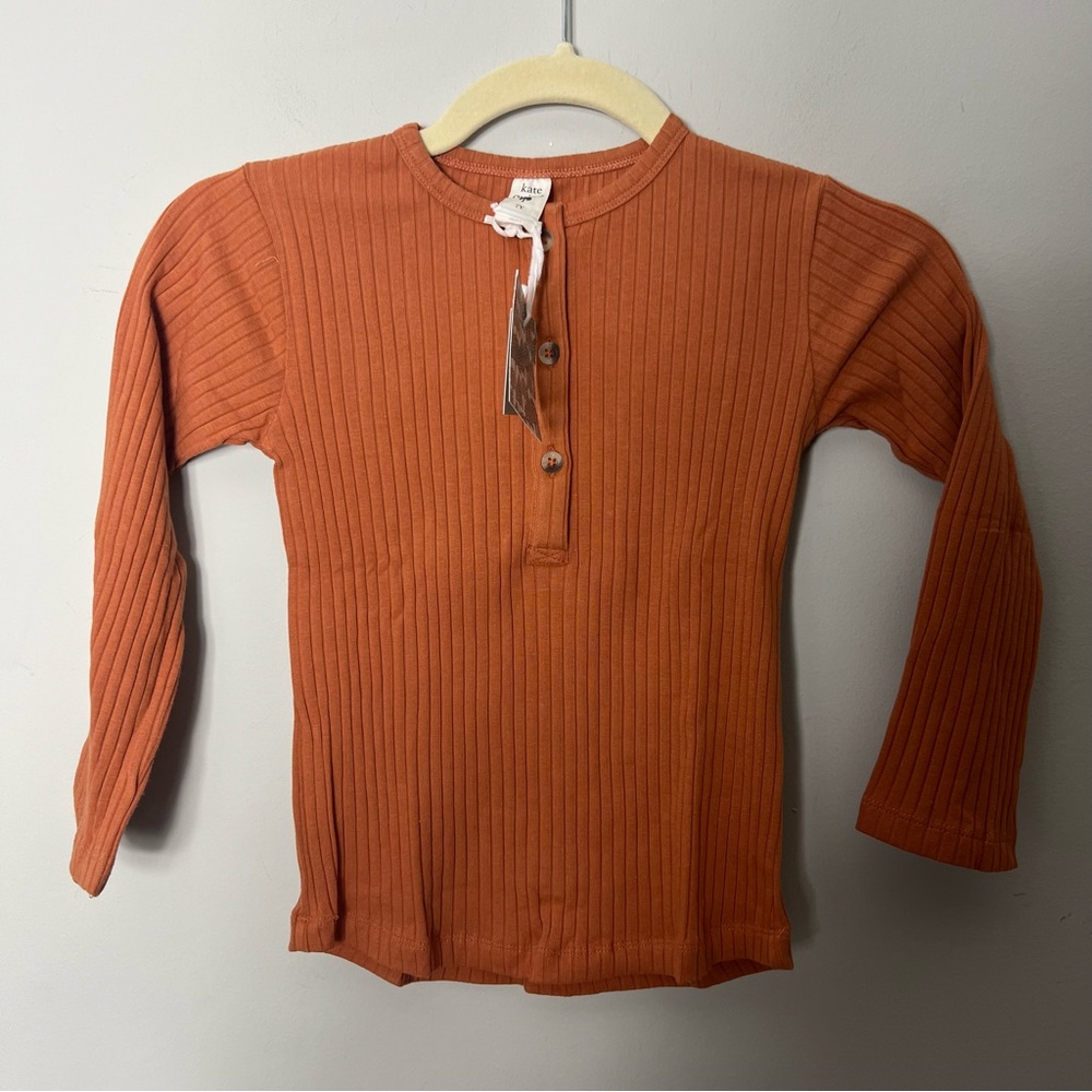 NEW Kate Quinn Organics Henley Shirt Rust Orange Ribbed Long Sleeve Size 7 796